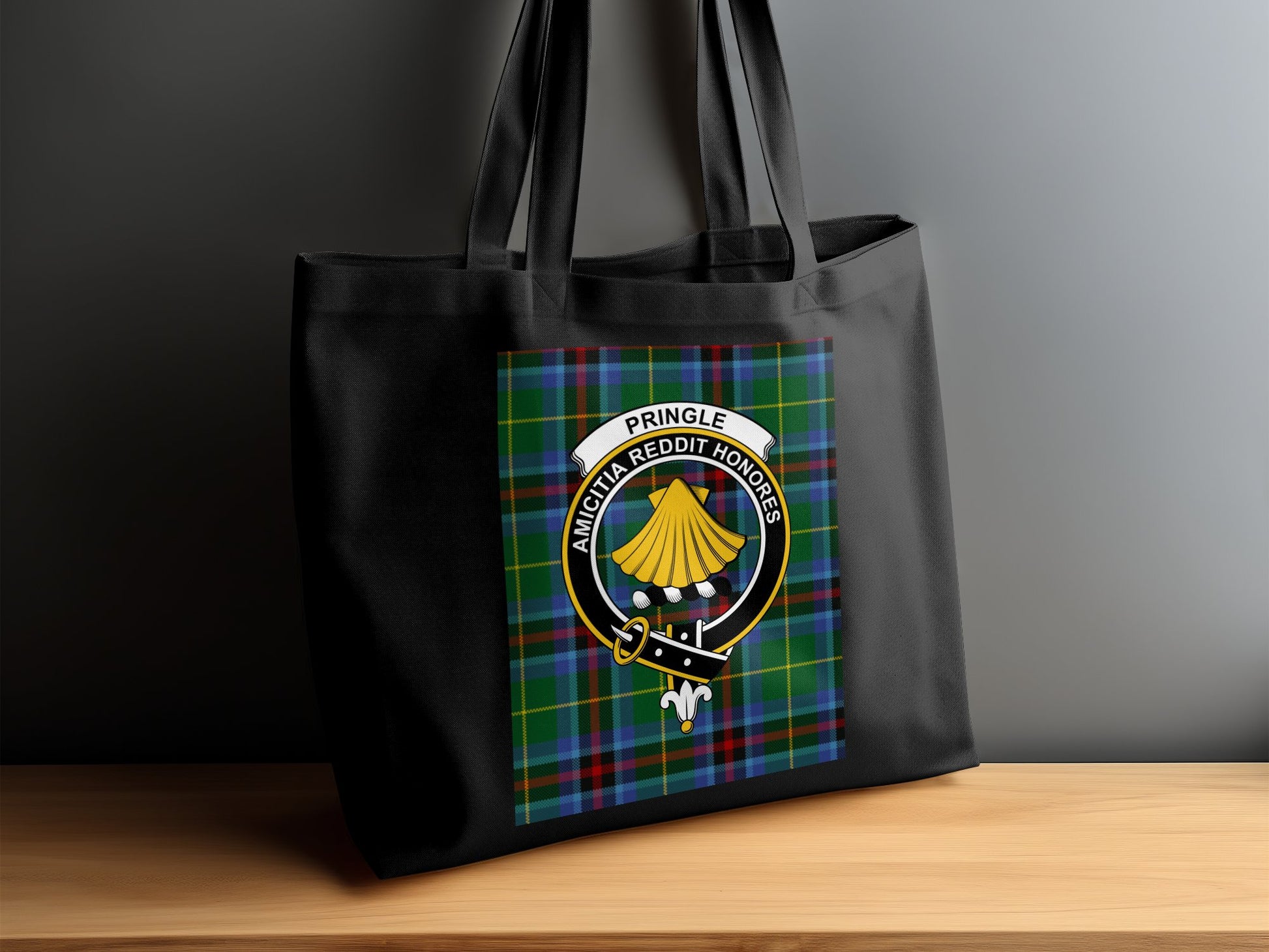 Scottish Clan Crest on Tartan Background Tote Bag - Living Stone Gifts