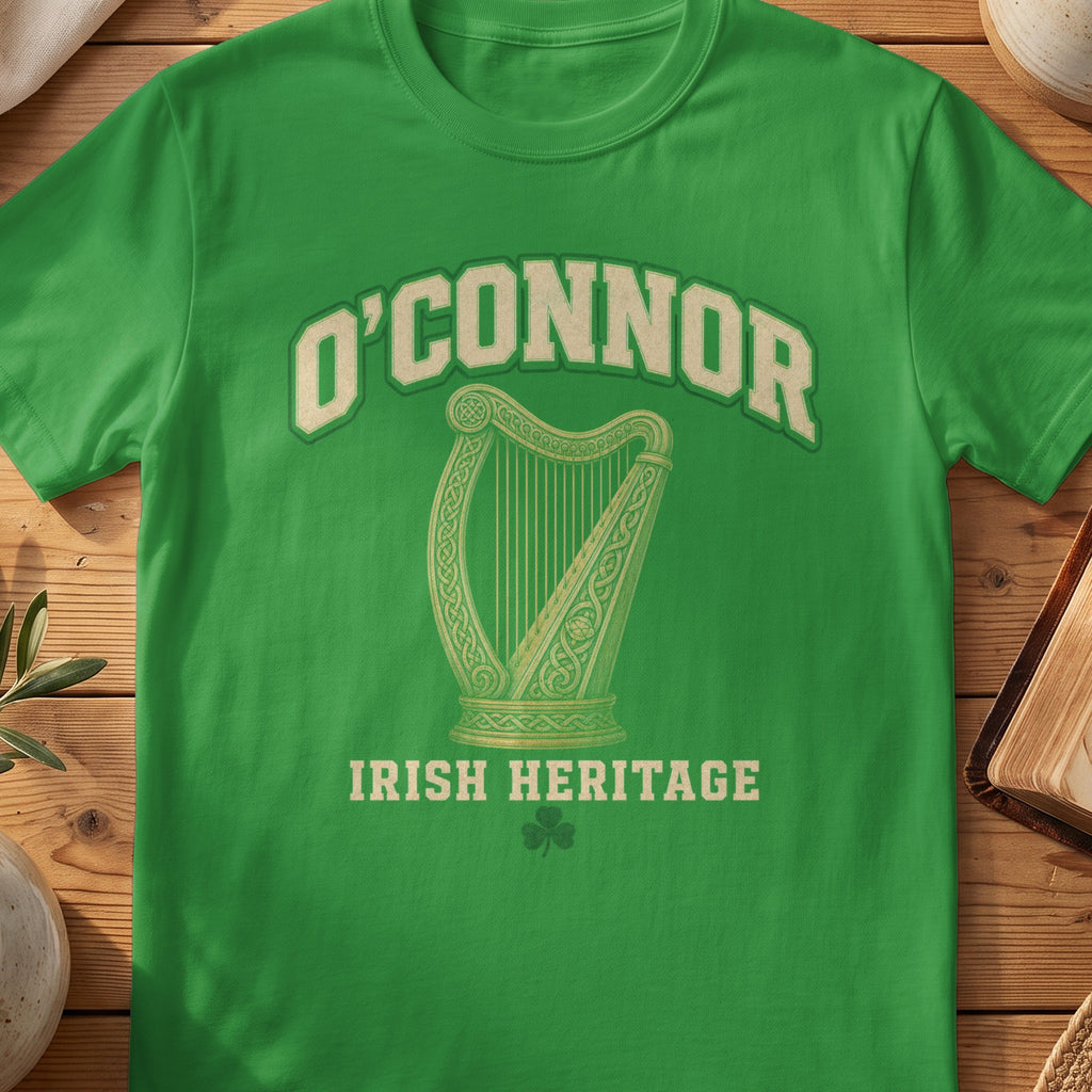 O'Connor Irish harp T-shirt in Irish Green, with cream surname lettering, a gold-toned harp, green shamrock and “Irish Heritage” text.