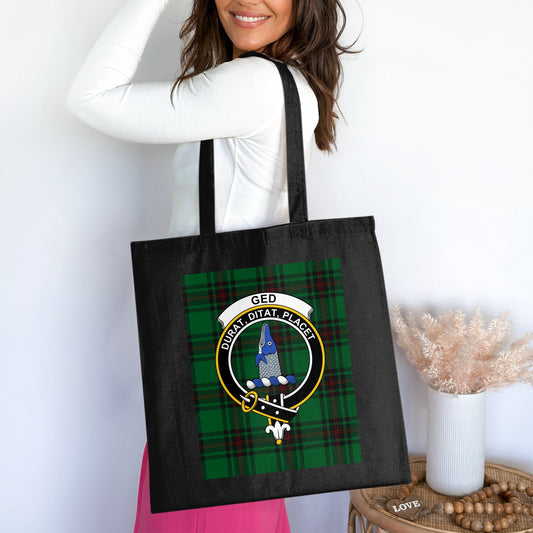 Ged clan scottish tartan badge with motto Tote Bag - Living Stone Gifts