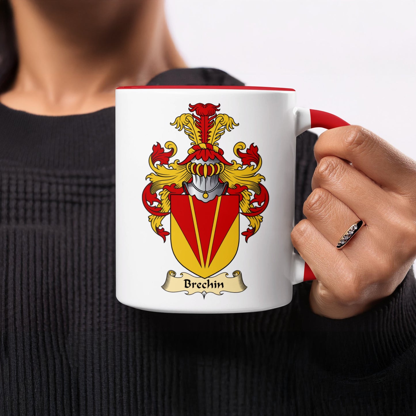 White mug with red rim featuring a heraldic crest with the name "Brechin" below.
