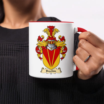 White mug with red rim featuring a heraldic crest with the name "Brechin" below.