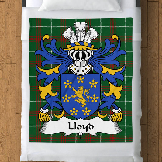 Lloyd Surname Coat of Arms on Welsh Tartan Background Blanket - Living Stone Gifts