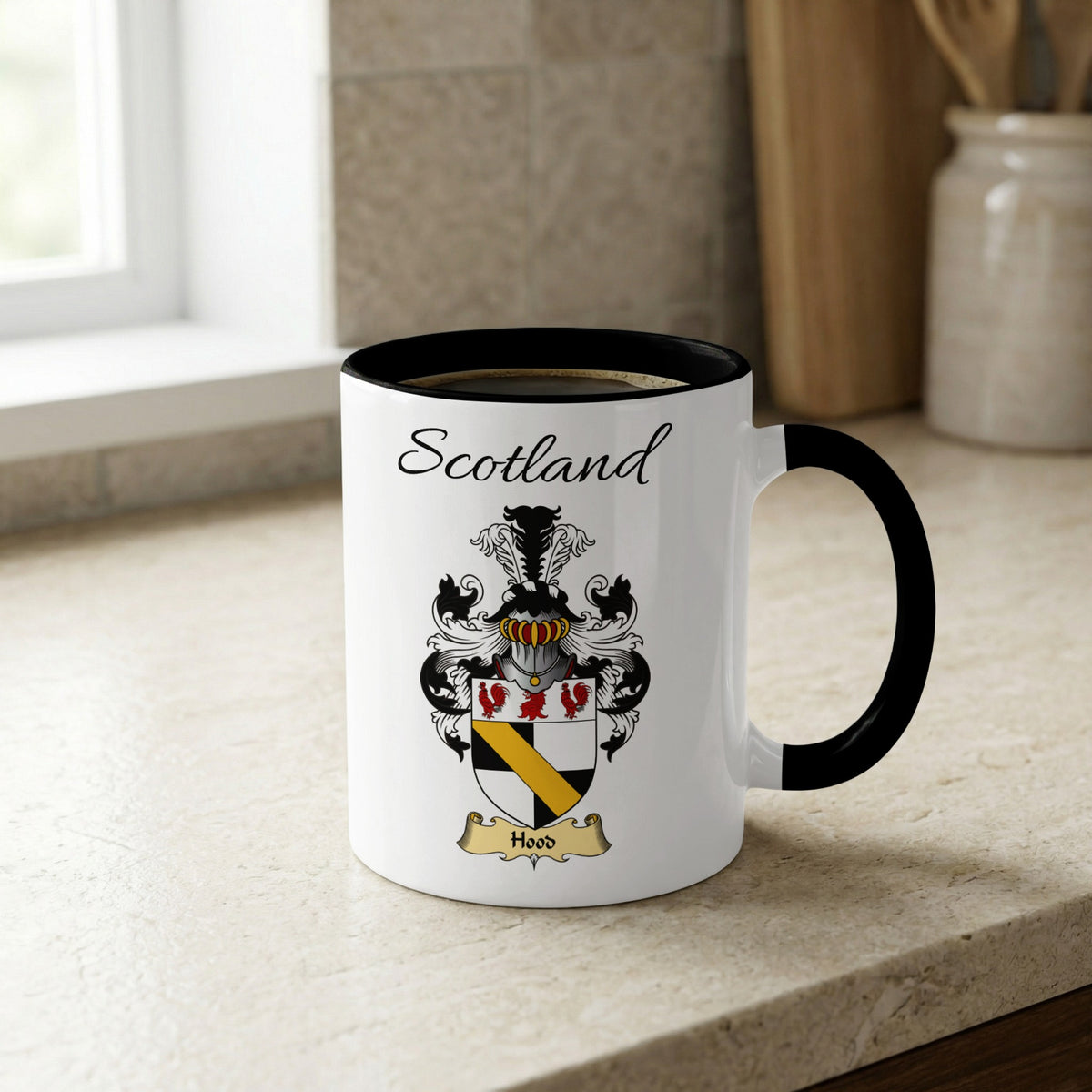 Hood Scottish family crest accent mug with Scotland lettering and coat of arms artwork