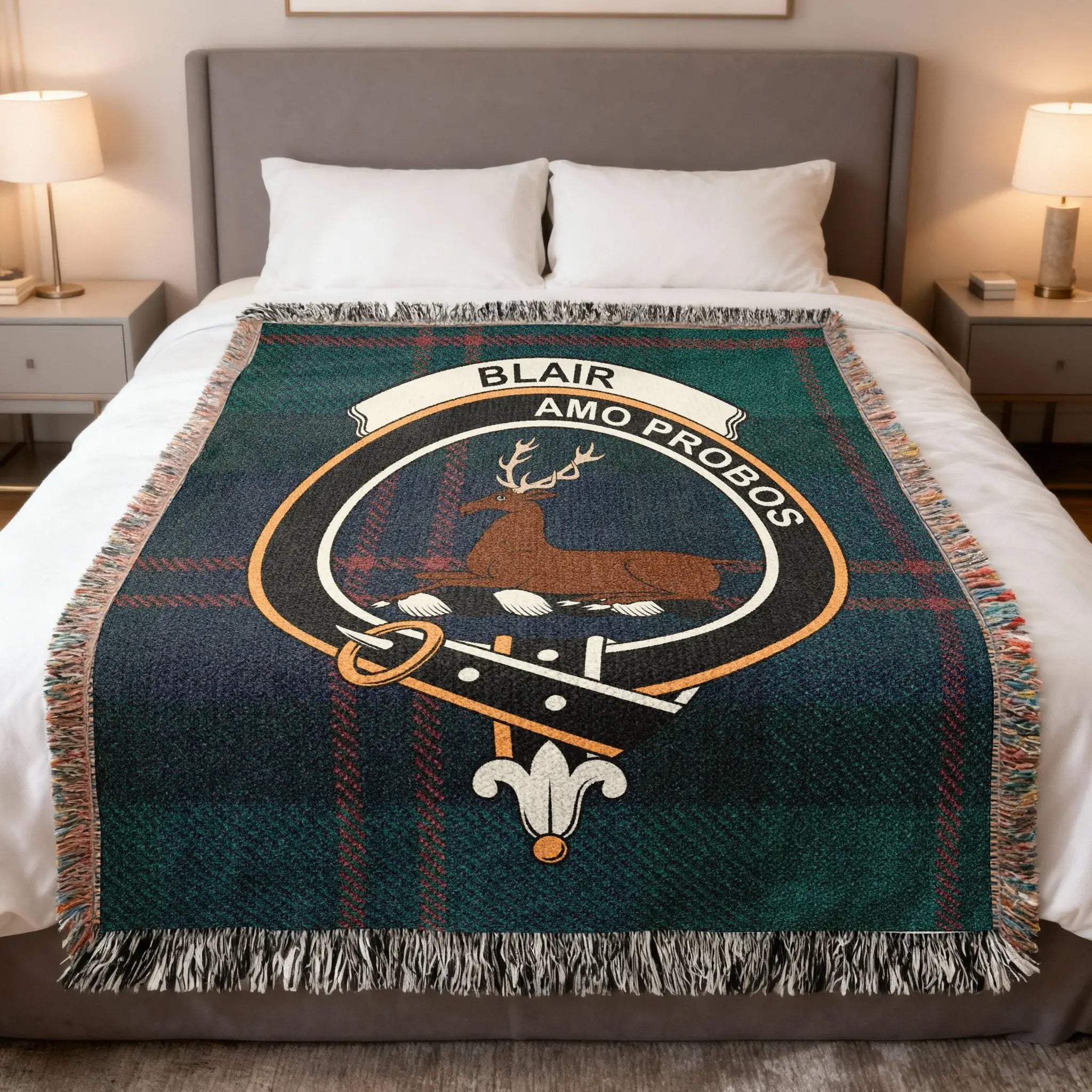 Clan Blair cotton woven tartan blanket — clan crest and Amo Probos motto, 60x50 heritage throw