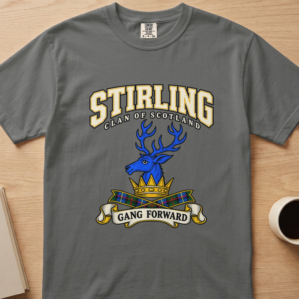 Stirling clan T-shirt in gray, front view with blue stag head above a gold crown
