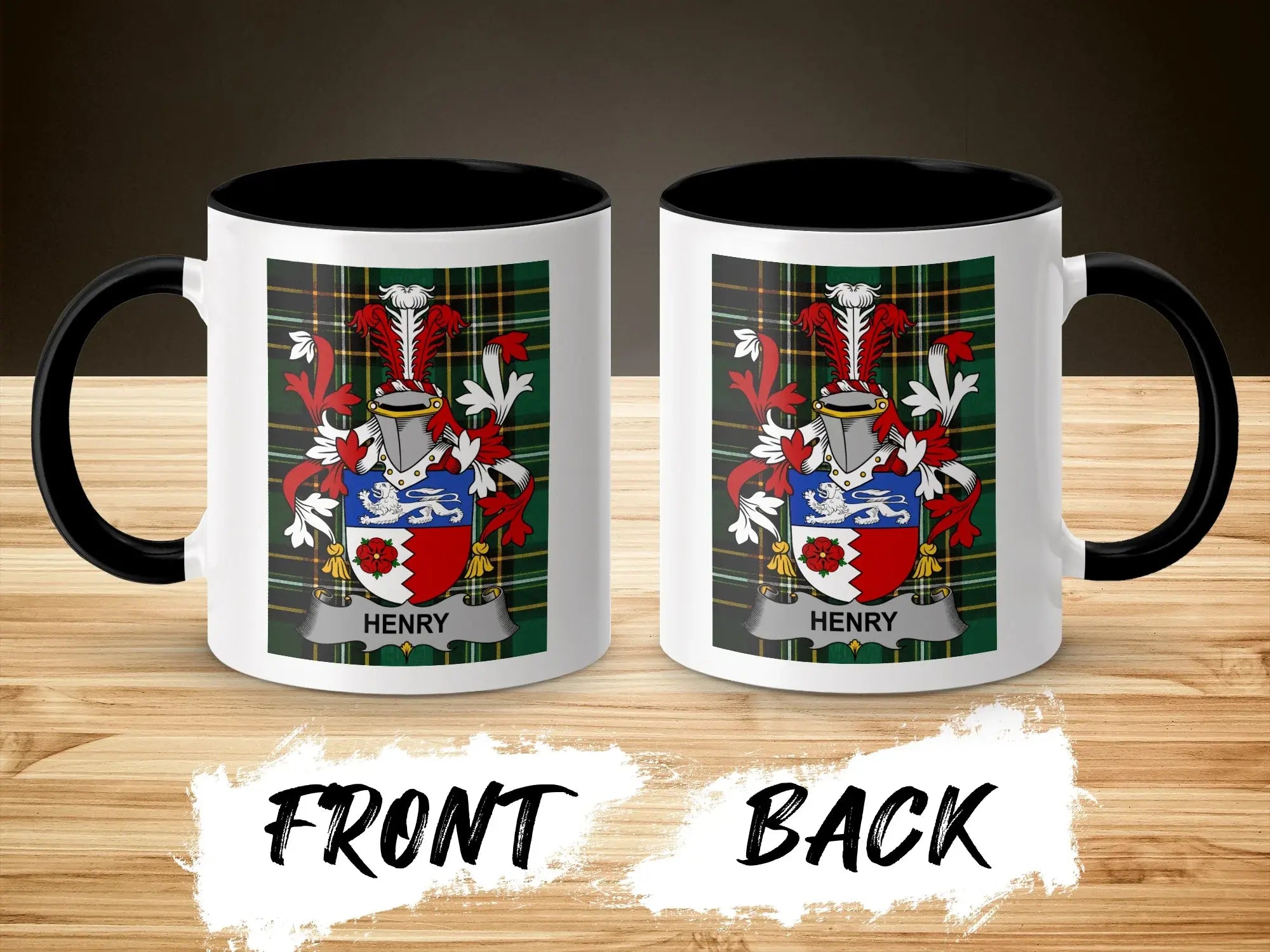 White mug with black handle, displaying a coat of arms with the name "HENRY".