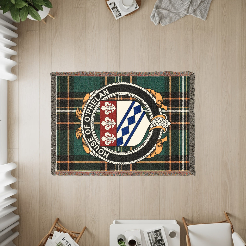 O'Phelan Irish heritage woven throw with family crest emblem