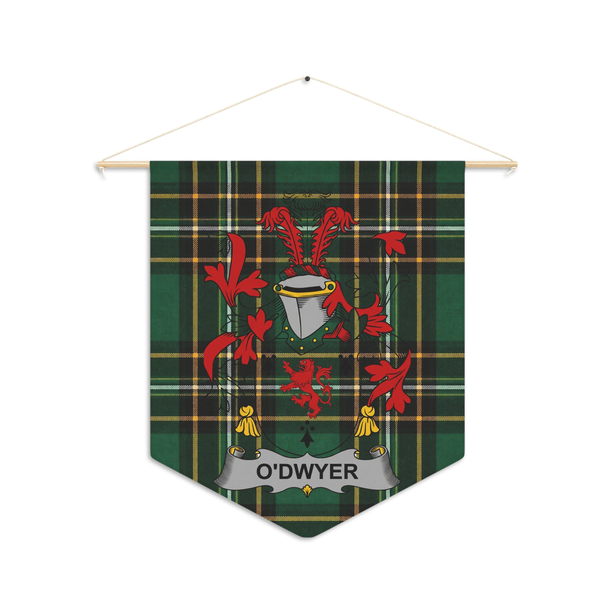 O'DWYER tartan pennant with coat of arms and red lion crest.