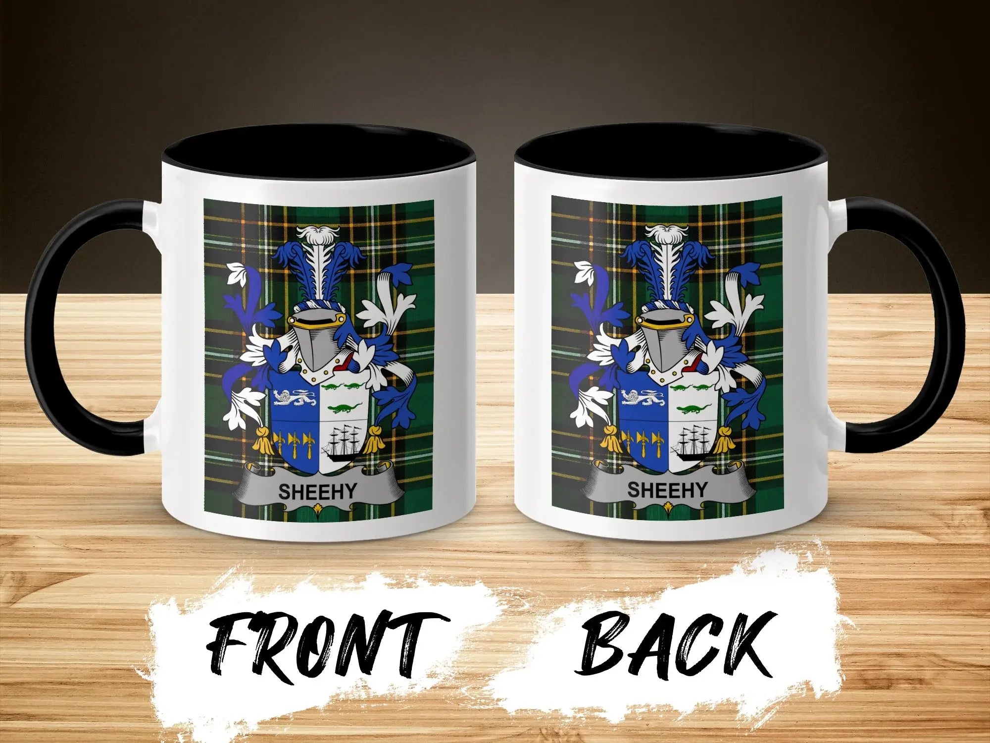 Sheehy ceramic mug with black handle and family crest on tartan background