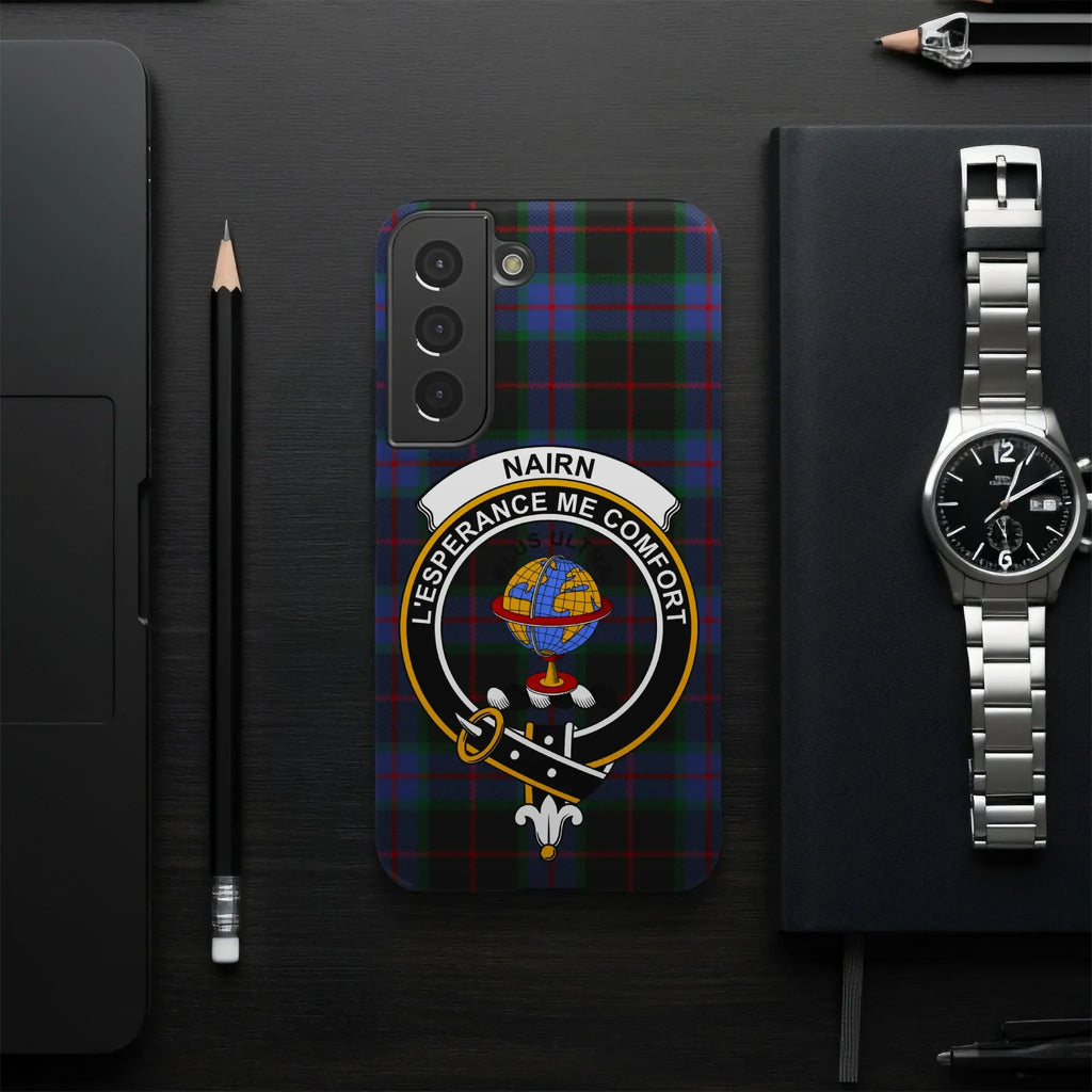 Nairn clan crest phone case — edge-to-edge tartan print on slim glossy case, iPhone compatible