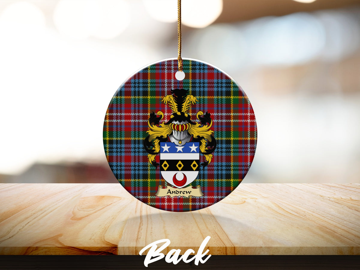 Round Andrew Scottish clan ornament with family crest on a Caledonia tartan background