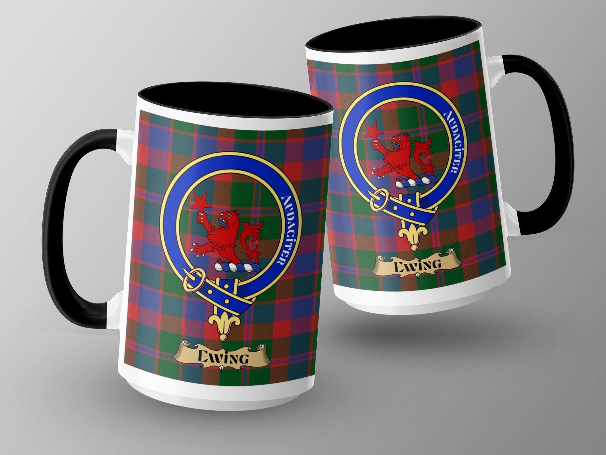 Scottish Clan Tartan Mug with Ewing Crest and Motto - Living Stone Gifts