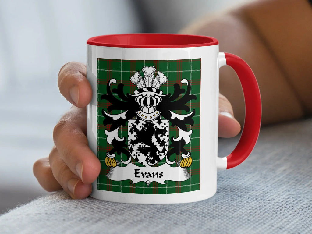 Evans Welsh tartan accent mug with red handle and coat of arms on plaid