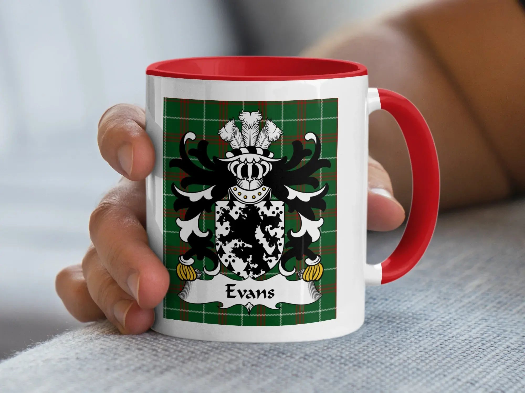 Evans Welsh tartan accent mug with red handle and coat of arms on plaid
