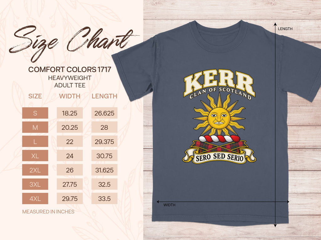 Comfort Colors 1717 size chart for the Kerr Scottish clan T-shirt, adult sizes S–4XL.