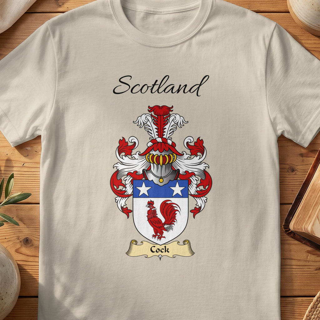 Sand Cock Scottish family shield T-shirt featuring a red cockerel beneath white stars on blue