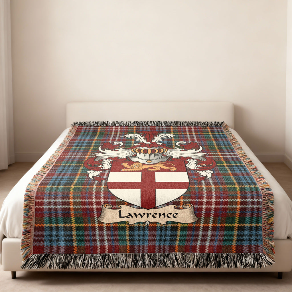 Lawrence Scottish family shield woven blanket on a Caledonia tartan background