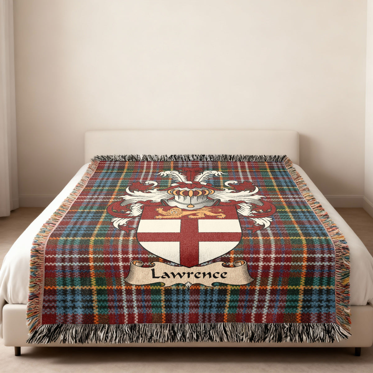 Lawrence Scottish family shield woven blanket on a Caledonia tartan background