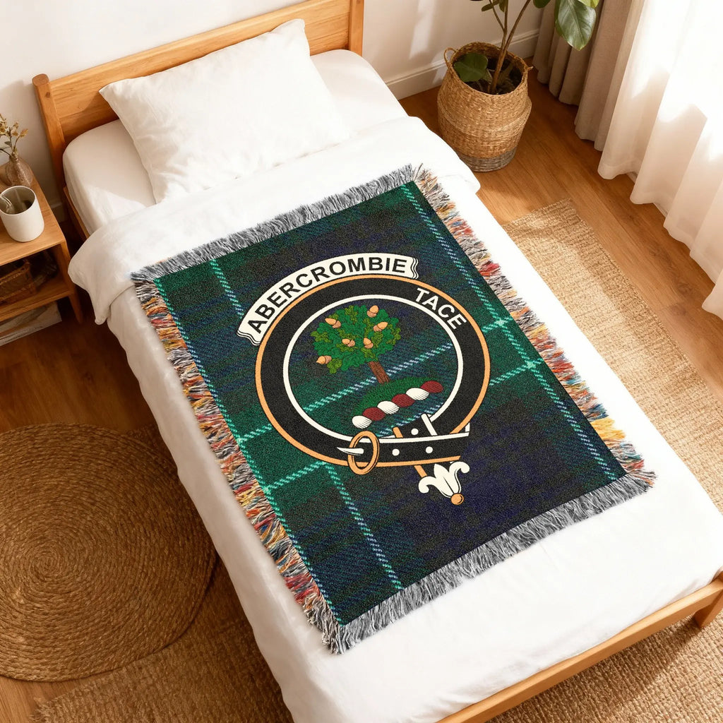 Abercrombie clan crest fringed tartan woven blanket — full view