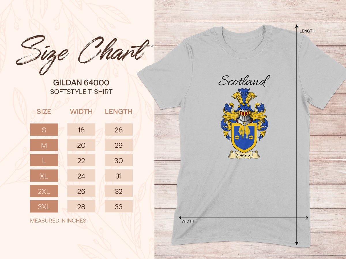 Gildan 64000 size chart for the Dingwall unisex T-shirt, sizes S to 3XL