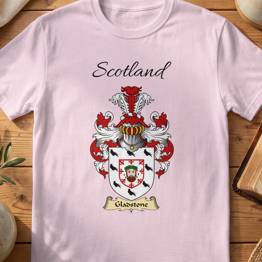 Light Pink Gladstone Scottish family shield T-shirt featuring a central face motif framed by a red border