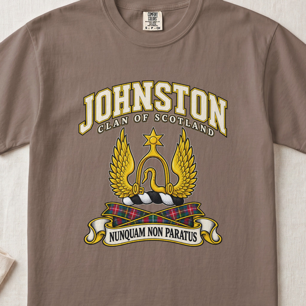 Johnston Scottish clan T-shirt in Espresso, front view with a golden winged emblem beneath a star and motto banner.