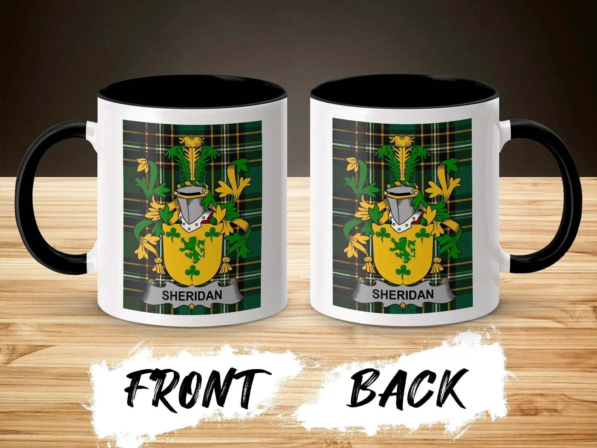 Sheridan ceramic mug with black handle and family crest on tartan background