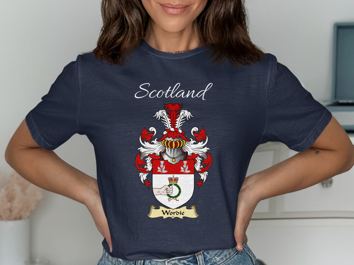 Gildan 64000 size chart for the Wordie Scottish family crest T-shirt, covering sizes S–3XL.