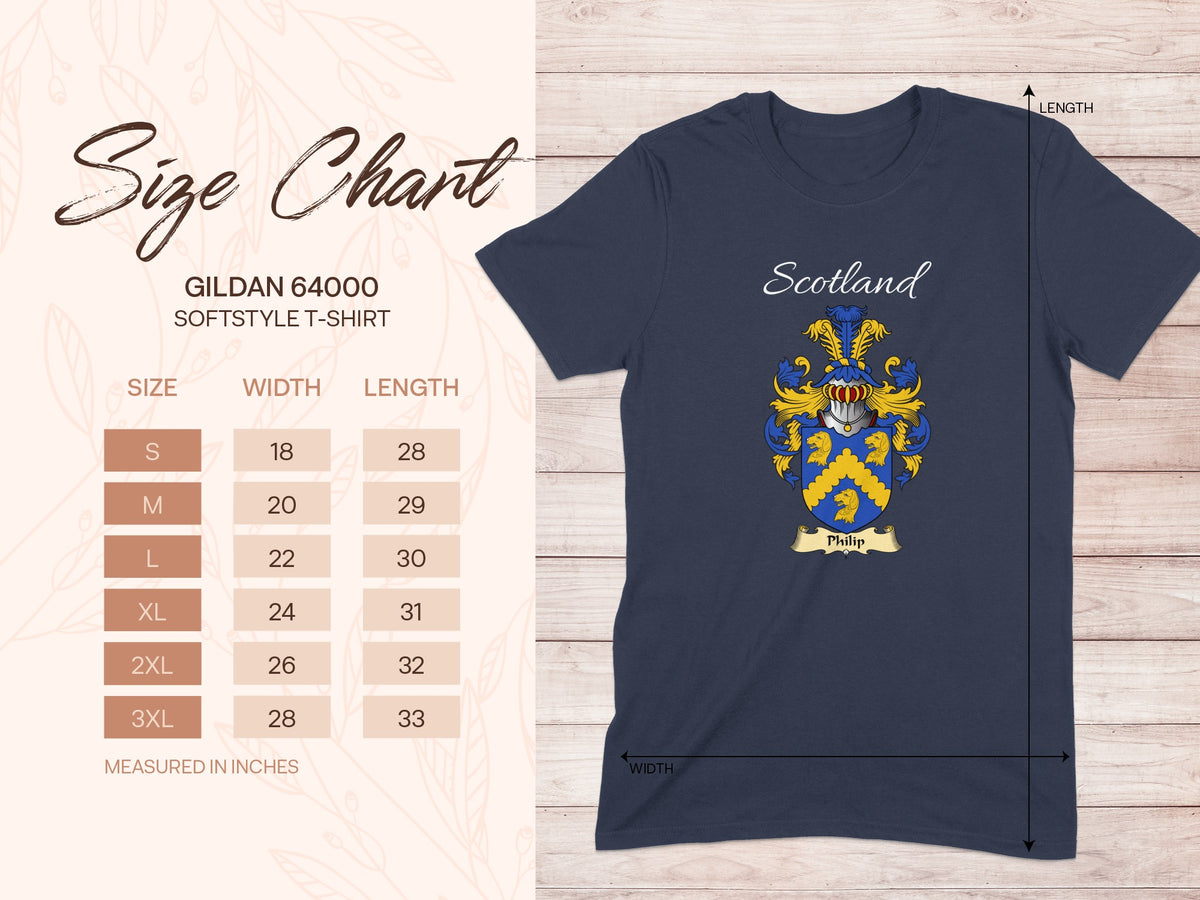 Gildan 64000 size chart for the Philip Scottish family crest T-shirt, covering sizes S–3XL.