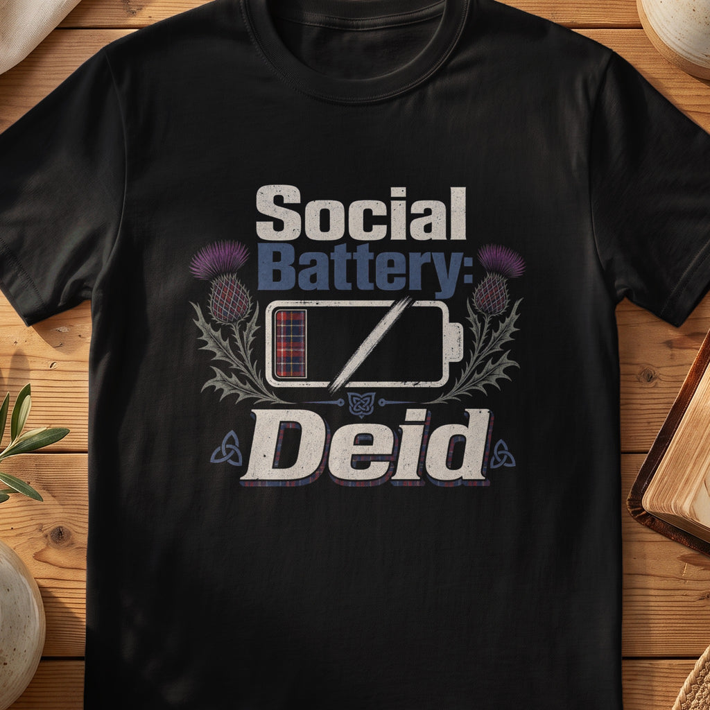 Black Gildan 64000 unisex T-shirt flatlay with Social Battery Deid Scottish graphic design