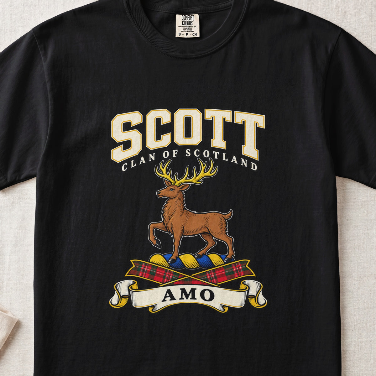 Scott graphic T-shirt in Black, front flat lay showing varsity lettering and brown stag with gold antlers and one raised front leg.