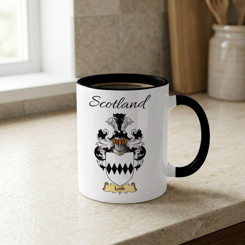 Leith Scottish family crest accent mug with Scotland lettering and coat of arms artwork