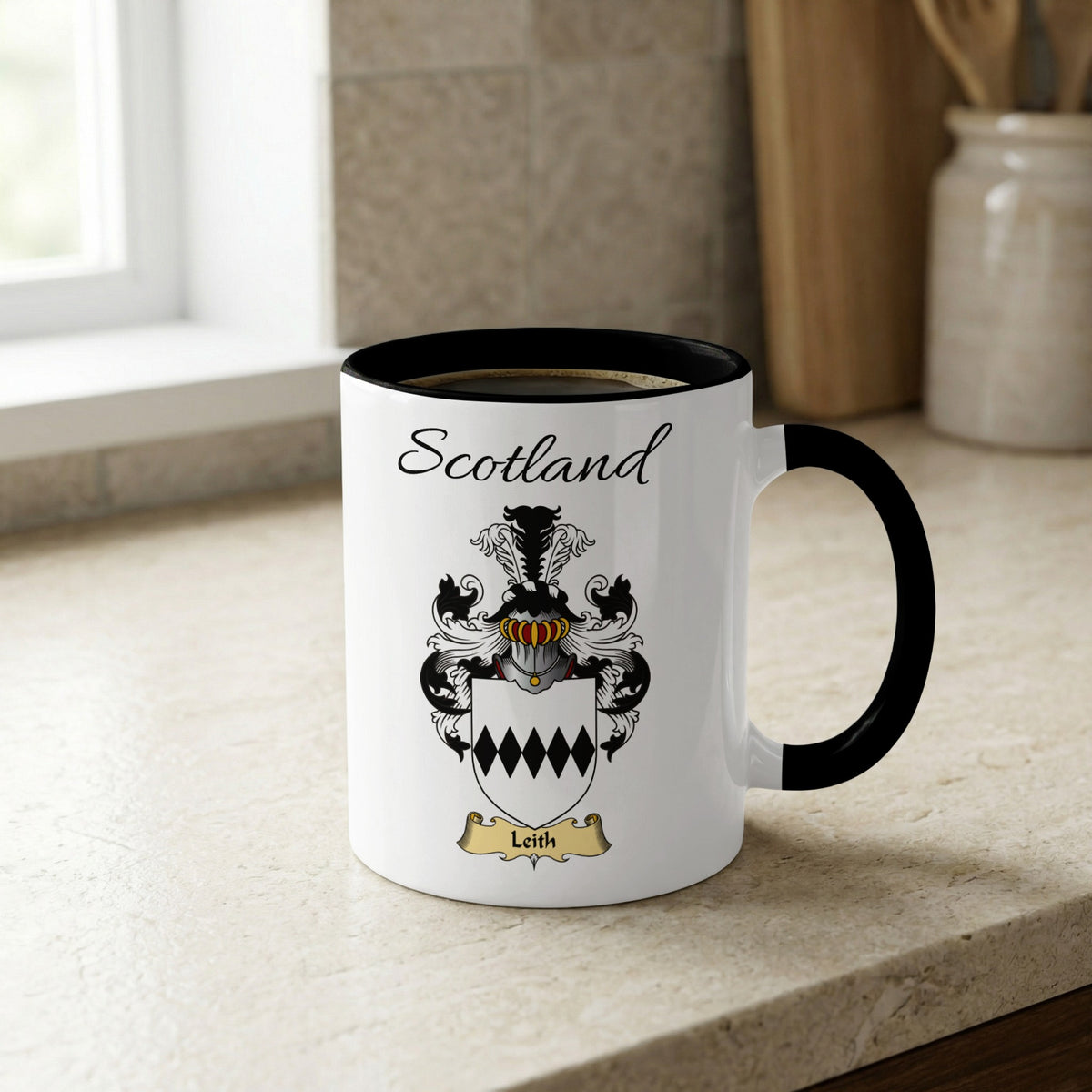 Leith Scottish family crest accent mug with Scotland lettering and coat of arms artwork