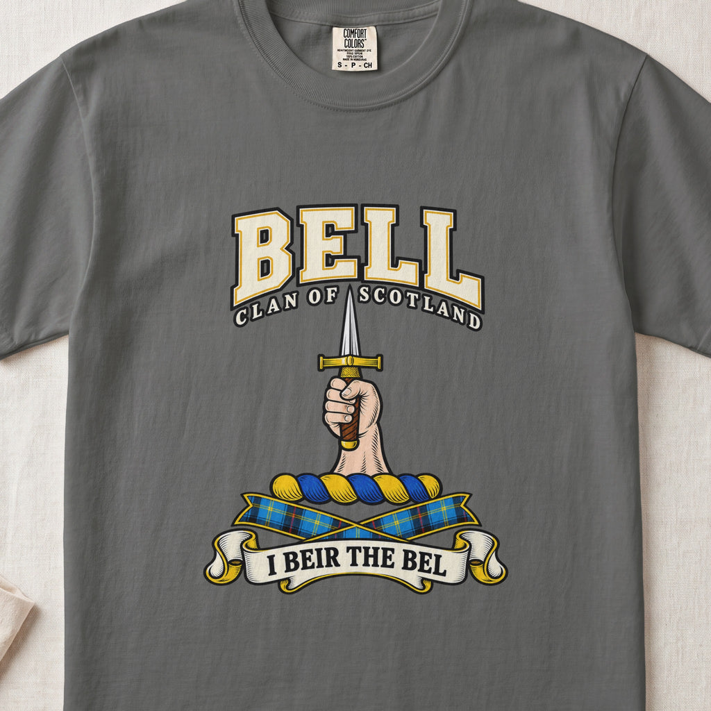 Bell Scottish clan graphic T-shirt in Pepper, front view