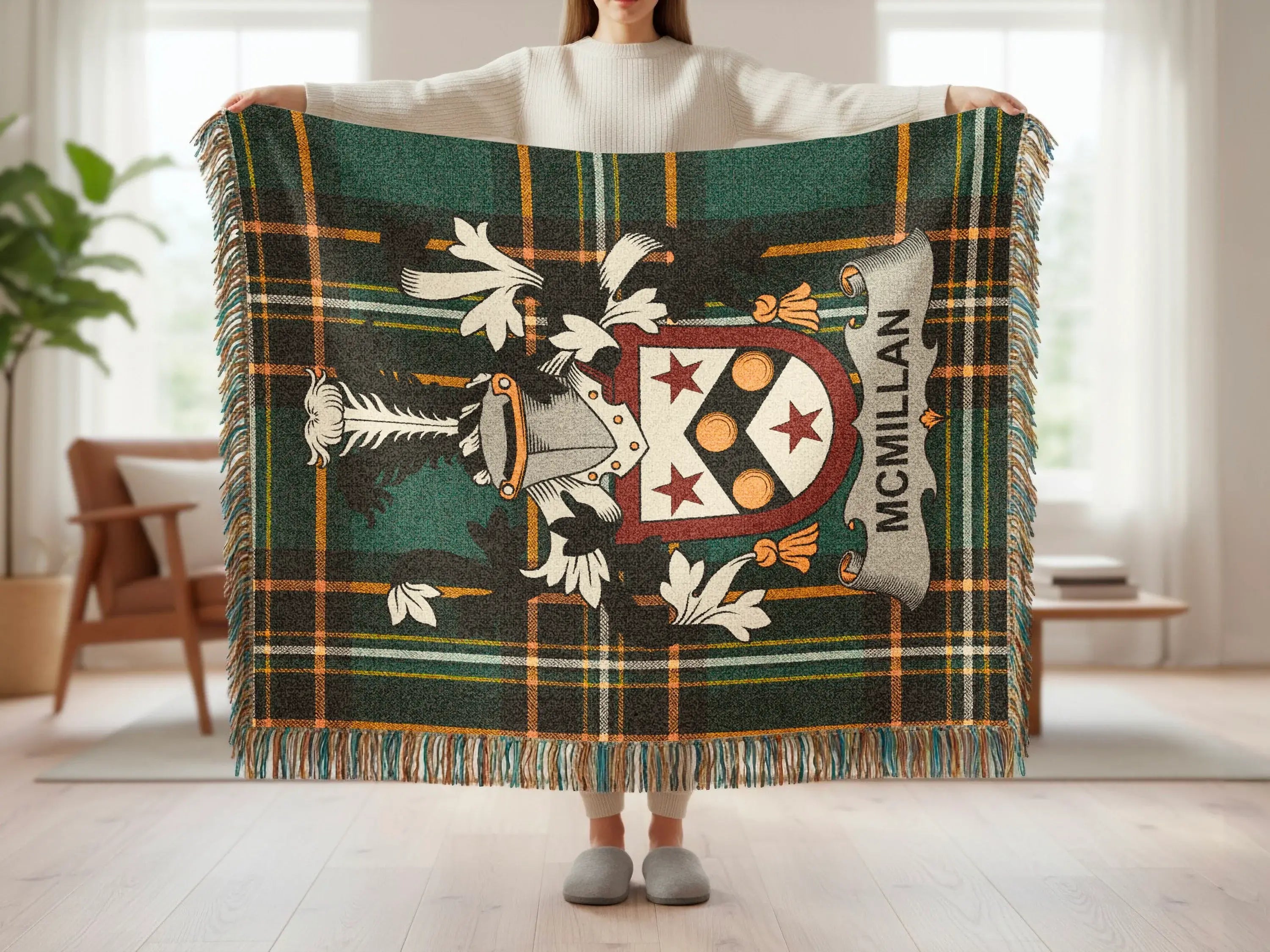 McMillan tartan blanket with crest displayed.