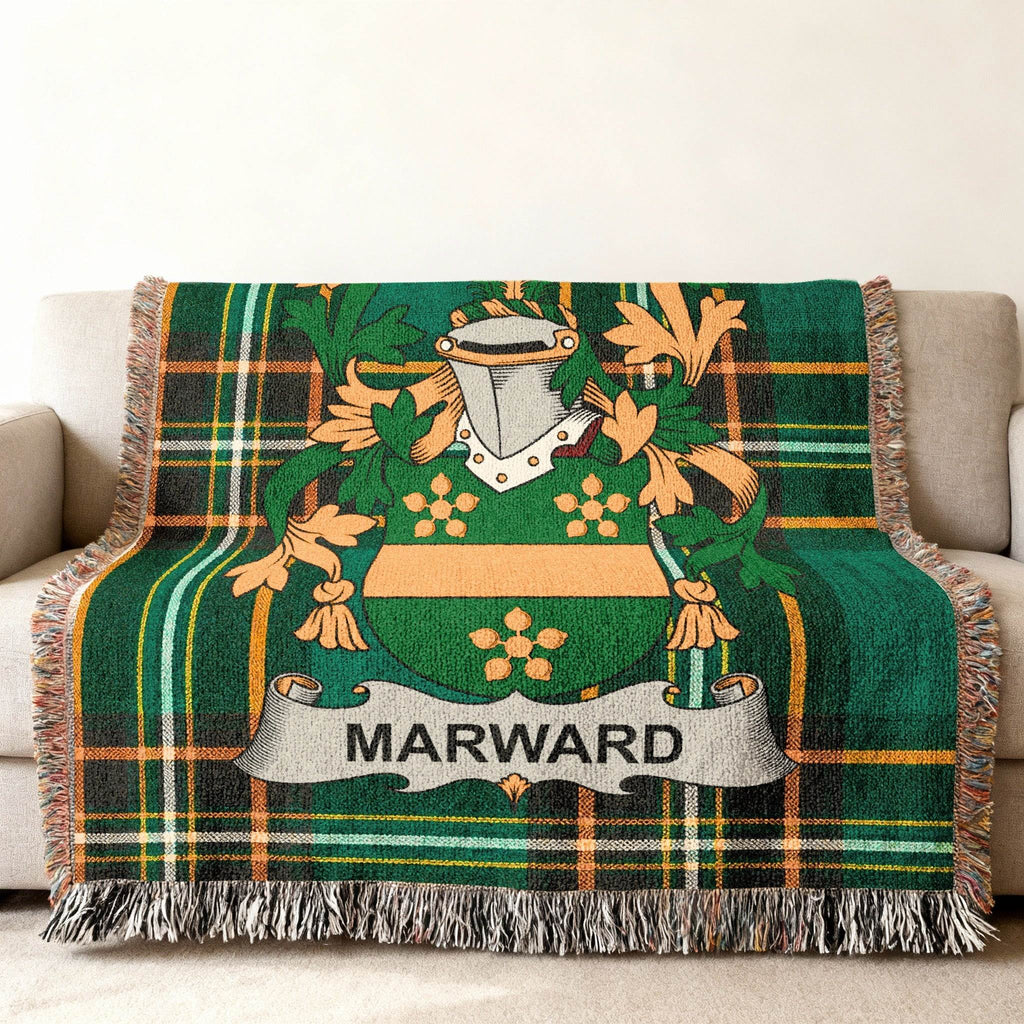 Green tartan throw blanket featuring a family crest with the name "MARWARD".
