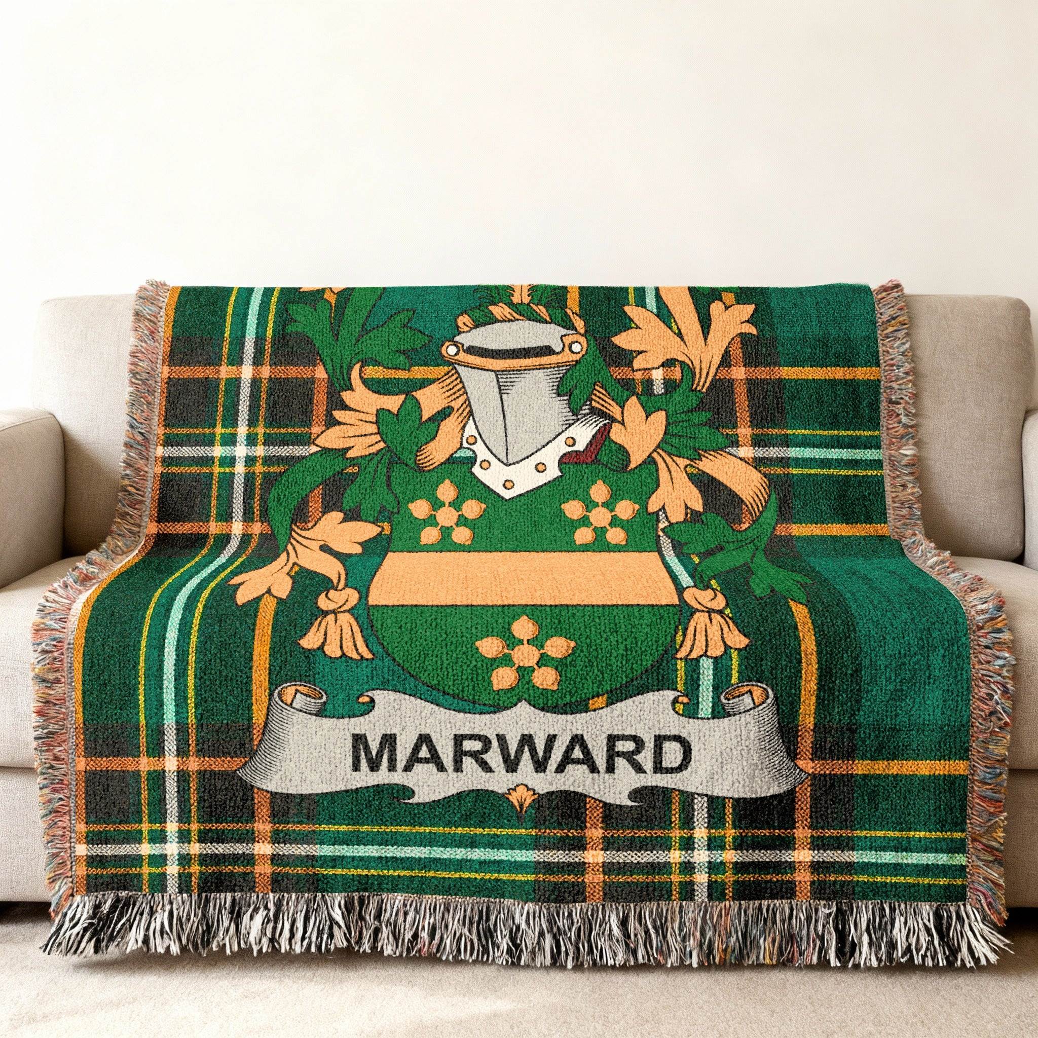 Green tartan throw blanket featuring a family crest with the name "MARWARD".