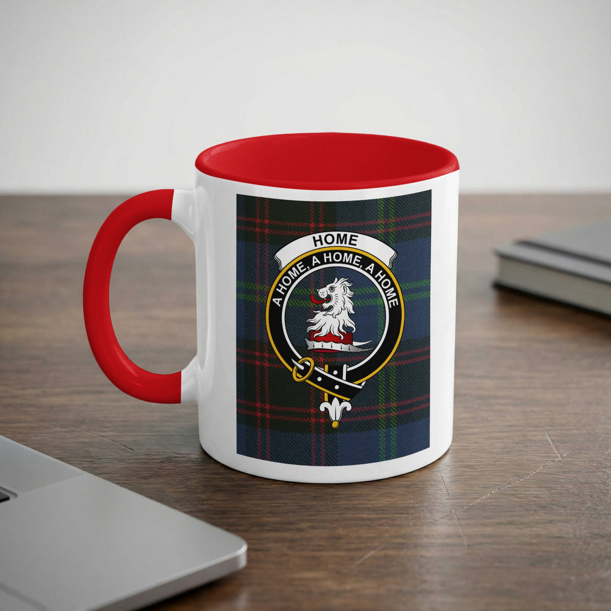 Home Scottish clan crest artwork on an 11 oz red accent mug with a tartan background