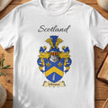 White Gilmour Scottish family shield T-shirt featuring a gold chevron and fleurs-de-lis on blue