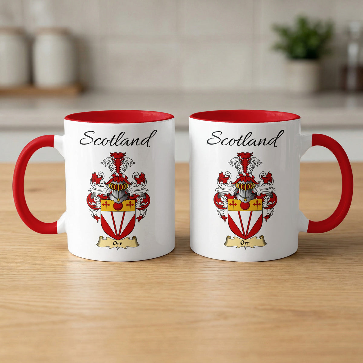 Red-accent Orr Scottish family crest mugs with Scotland above the heraldic shield