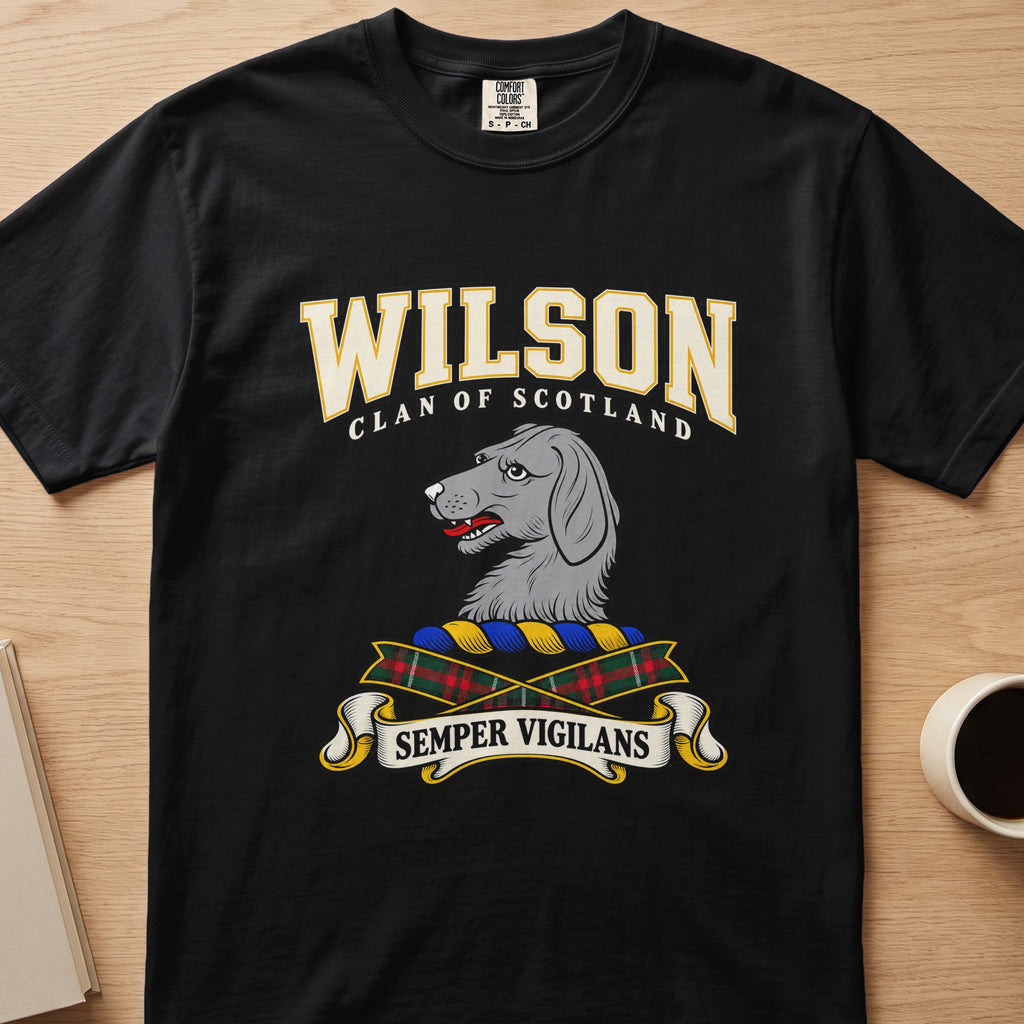 Wilson gray dog’s-head crest graphic on a black Comfort Colors T-shirt, front view