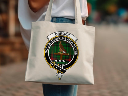 Orrock Clan Crest Solus Christus Mea Rupes Tote Bags - Celtic Ancestry Gifts