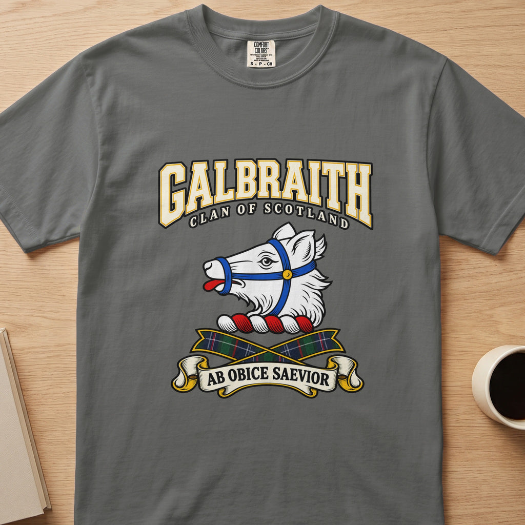 Galbraith clan crest with white bear head on a gray Comfort Colors T-shirt, front view