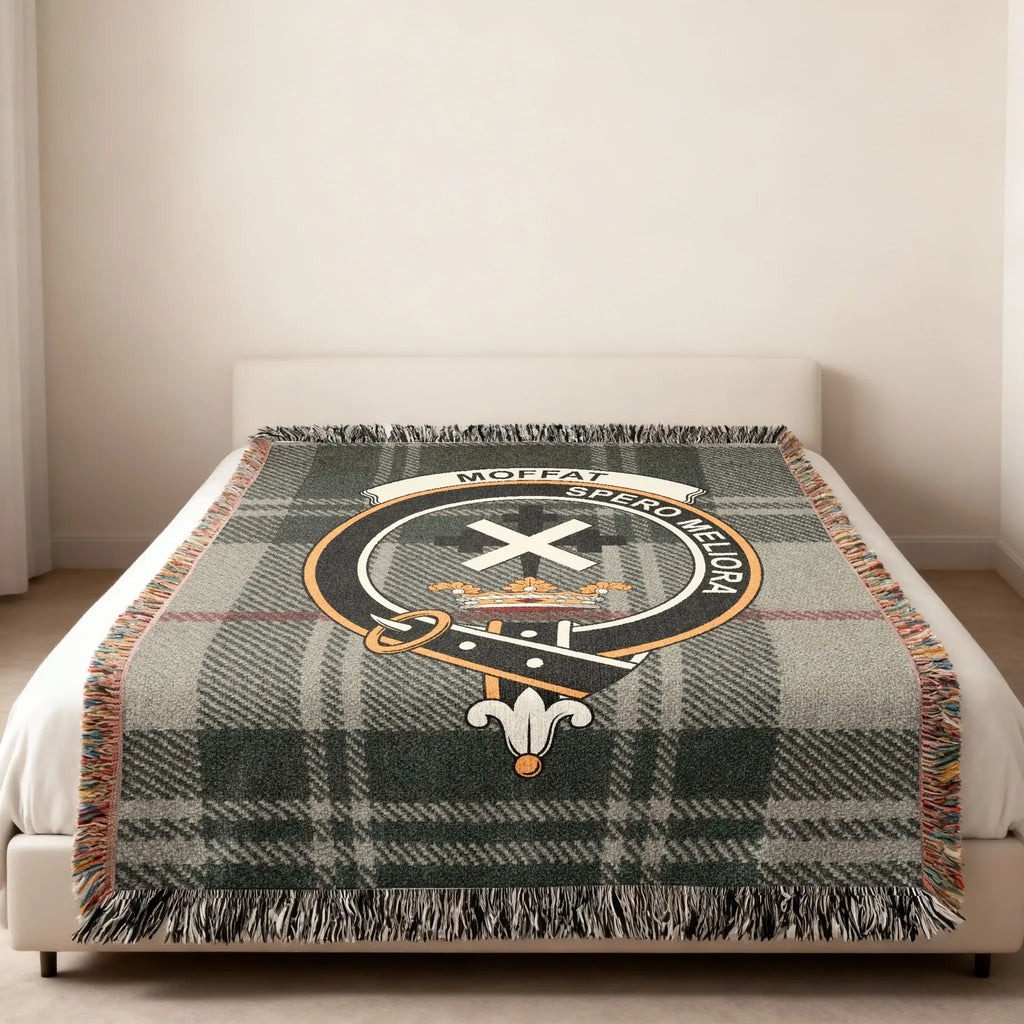 Clan Moffat heirloom woven blanket — tartan and crest woven in, natural cotton feel