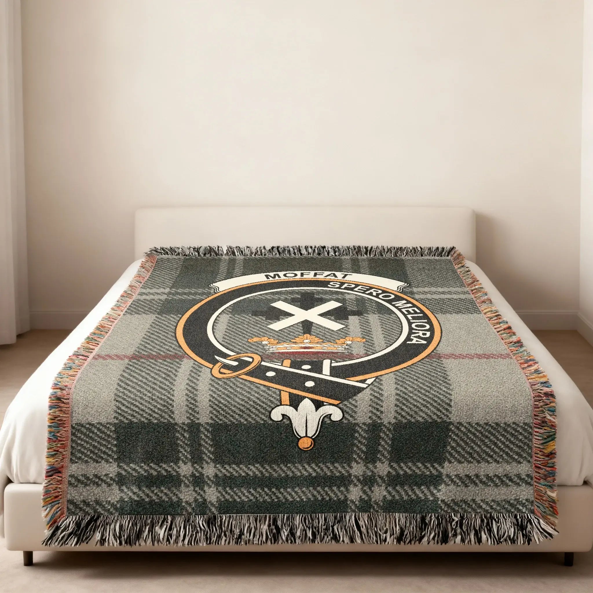 Clan Moffat heirloom woven blanket — tartan and crest woven in, natural cotton feel
