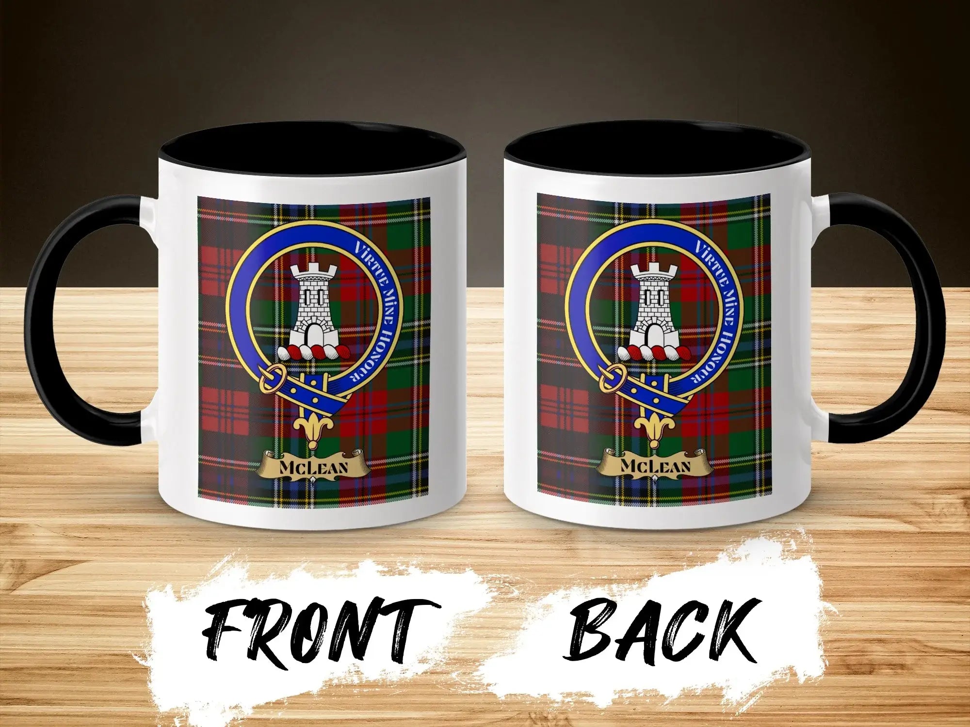McLean tartan mug with castle crest, black handle, front and back view.