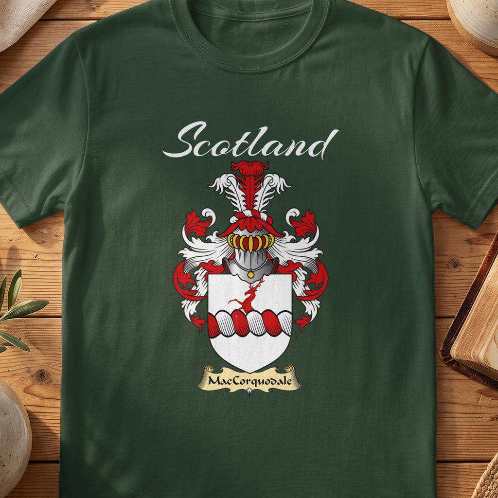 Forest Green MacCorquodale Scottish T-shirt featuring a red-and-white twisted band across a pale shield