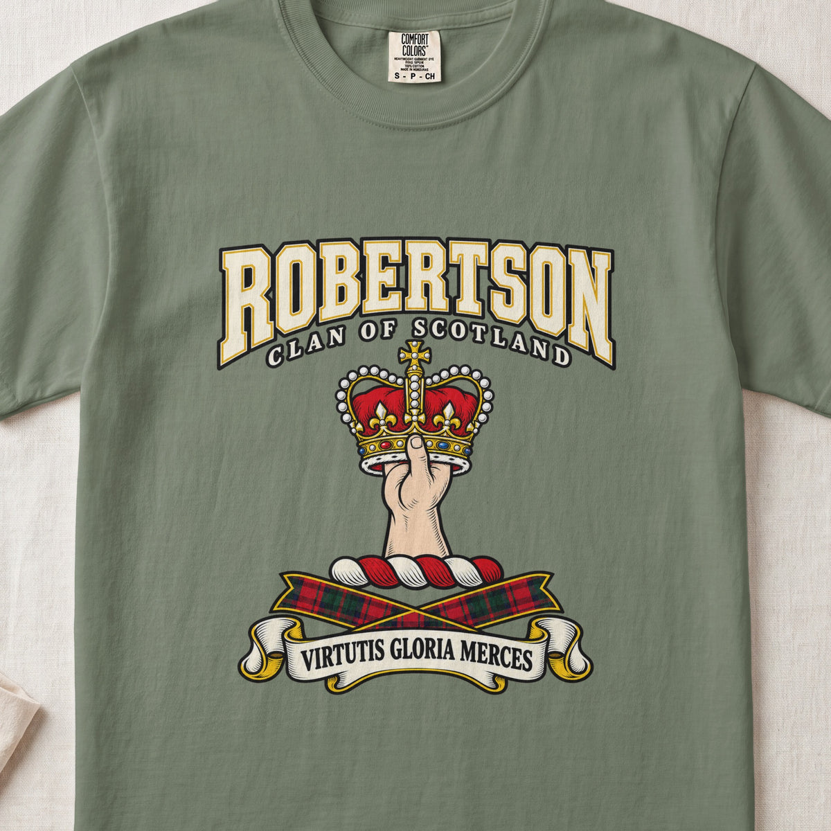 Robertson graphic T-shirt in Moss green, front flat lay showing varsity lettering and hand and forearm holding a red and gold crown.