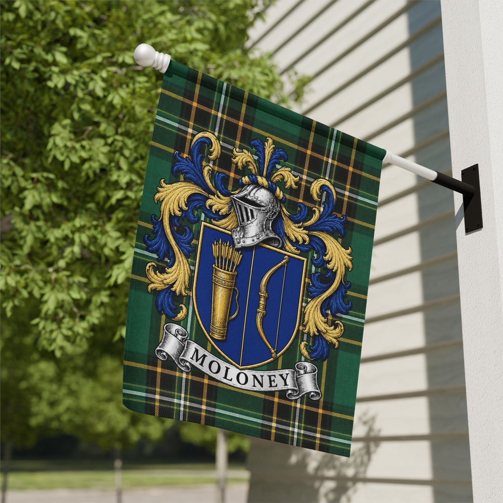 Moloney Irish National Tartan family crest garden flag displayed outdoors