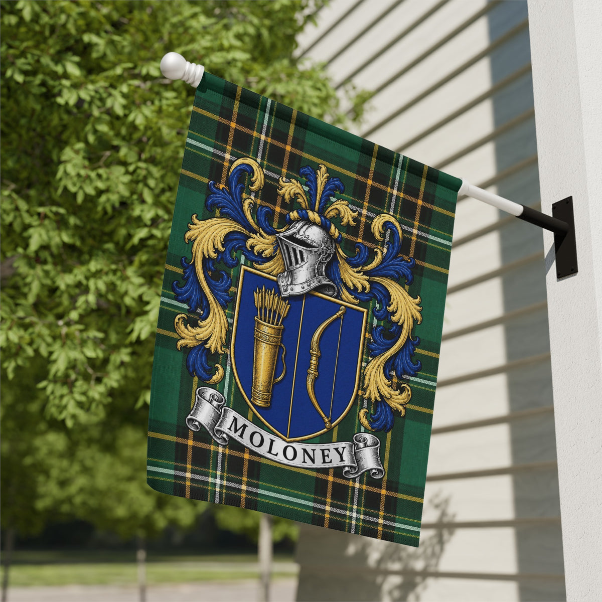 Moloney Irish National Tartan family crest garden flag displayed outdoors